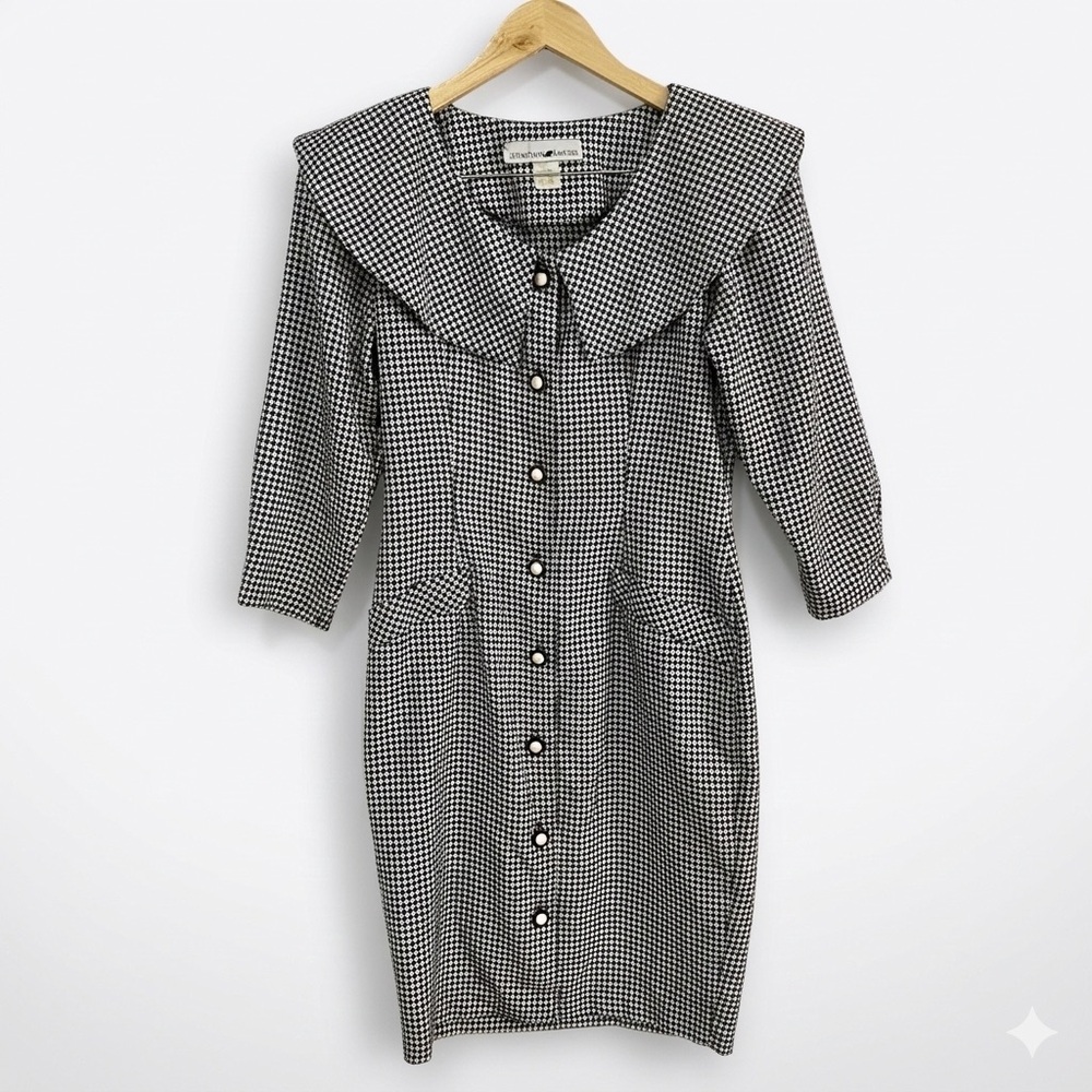 VTG Jonathan Martin Houndstooth Dress‎ Pearl Button Statement Collar 9/10 Retro